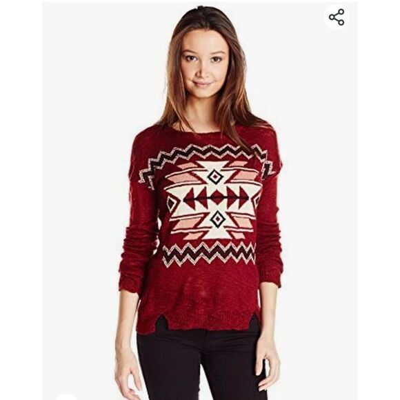 PINK ROSE Women's Aztec Print Pullover Sweater Women's Small Cranberry Spice/Des - Picture 1 of 5